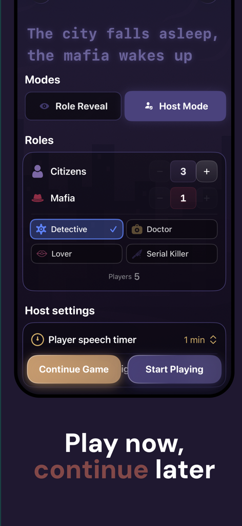 TalkFlow: Play Together - Tela de configuração do jogo Máfia do aplicativo TalkFlow mostrando papéis como cidadãos e máfia e botões para iniciar ou continuar um jogo