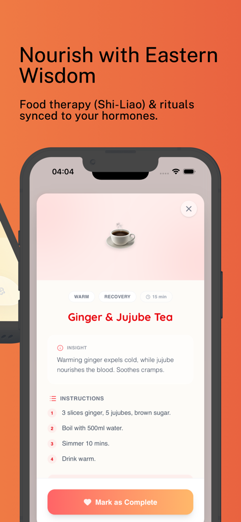 Fallow: Period Tracker - Una pantalla de aplicación móvil que muestra una receta de té de jengibre y azufaifo para el cuidado del ciclo en el rastreador de períodos Fallow.