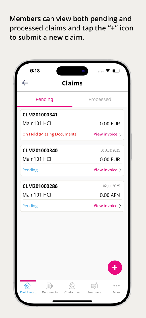 HCI Group - HCI Group app interface showing pending and processed medical insurance claims