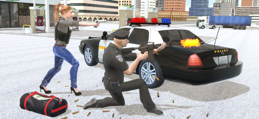 Police Simulator Cop Car Duty - Polizisten nutzen ihren Streifenwagen als Deckung während eines intensiven Schusswechsels.