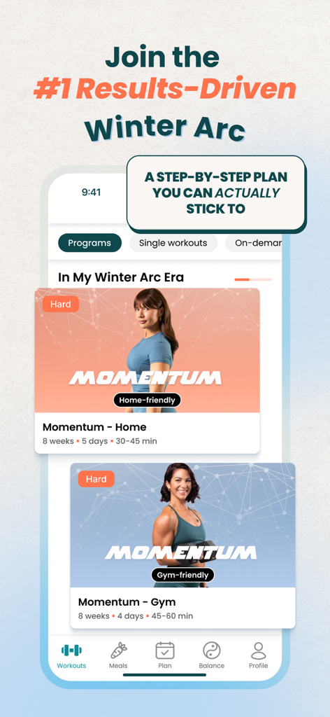 Raize fitness app screen showing Momentum home and gym workout plans with step-by-step training programs.