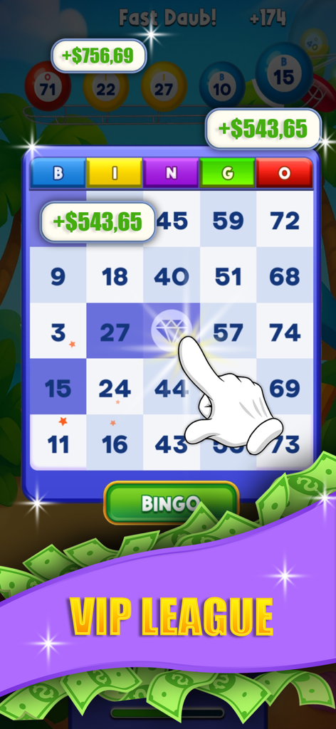 Bingo Mania: Fast & Skilled - Bingo-Karten-Oberfläche mit Geldpreis-Belohnungen und VIP-League-Banner