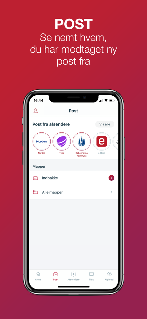 e-Boks.dk - Captura de tela do aplicativo móvel e-Boks mostrando a caixa de entrada de correio digital com mensagens de organizações dinamarquesas como Nordea e Telia.