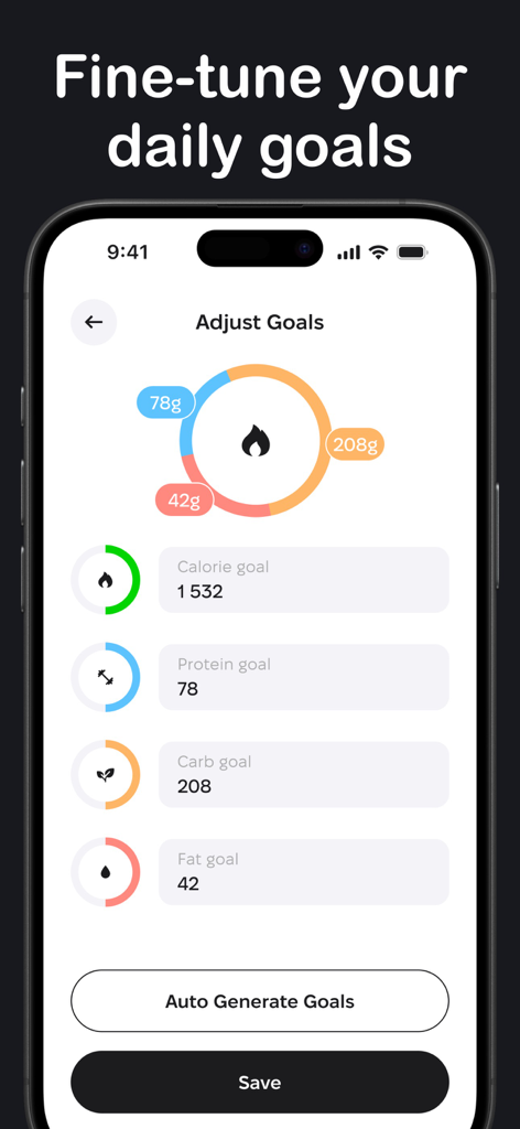 Interface of the Cal AI app showing daily calorie and macro goal adjustments with a circular nutritional chart