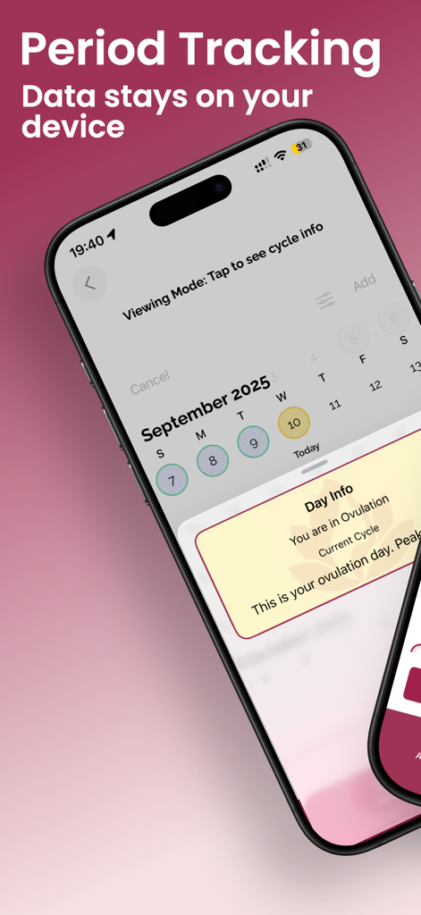 Sofia AI app showing period tracking calendar with a message stating data stays on device