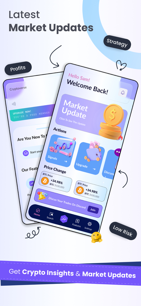 Cryptoverse Edge - Cryptoverse Edge mobile App-Oberfläche, die die neuesten Markt-Updates und Krypto-Handelssignale anzeigt