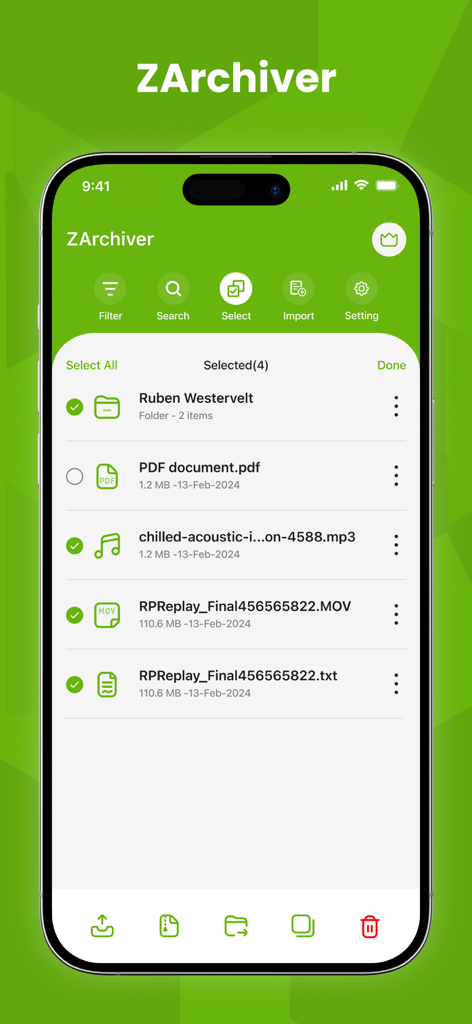 ZArchiver - Schermata dell'app ZArchiver che mostra un elenco di file e cartelle con elementi multipli selezionati per la gestione