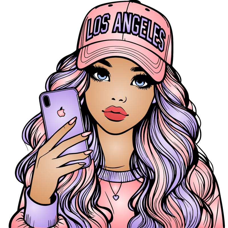 realistic beautiful girl wearing los ángeles cap holding an iphone