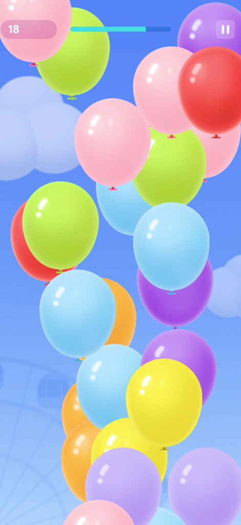Balloon Pop Game - For Family - Captura de pantalla del juego mostrando globos coloridos flotando hacia arriba contra un cielo azul con nubes