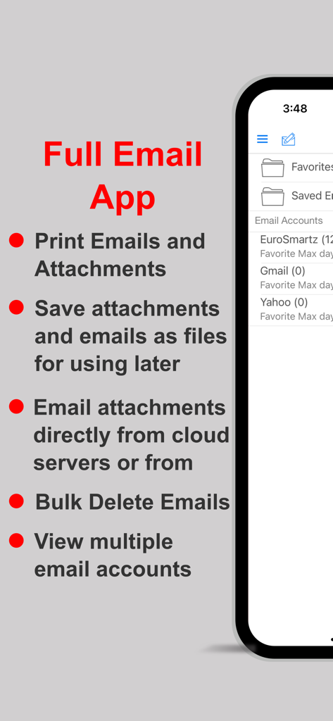 Interface do aplicativo Print n Share destacando recursos de gerenciamento de e-mail e impressão para produtividade profissional