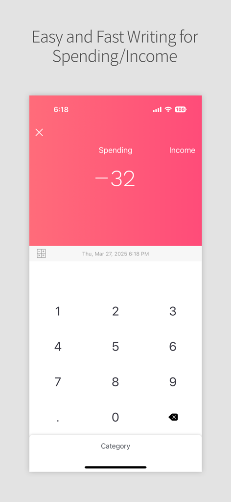 Quick spending and income entry screen in the Daily Pocket budget manager app