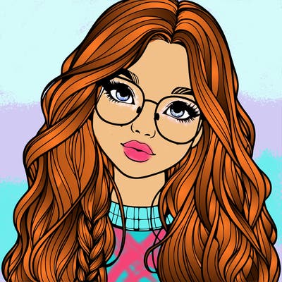 girl with long hair and freckles and glasses realistic