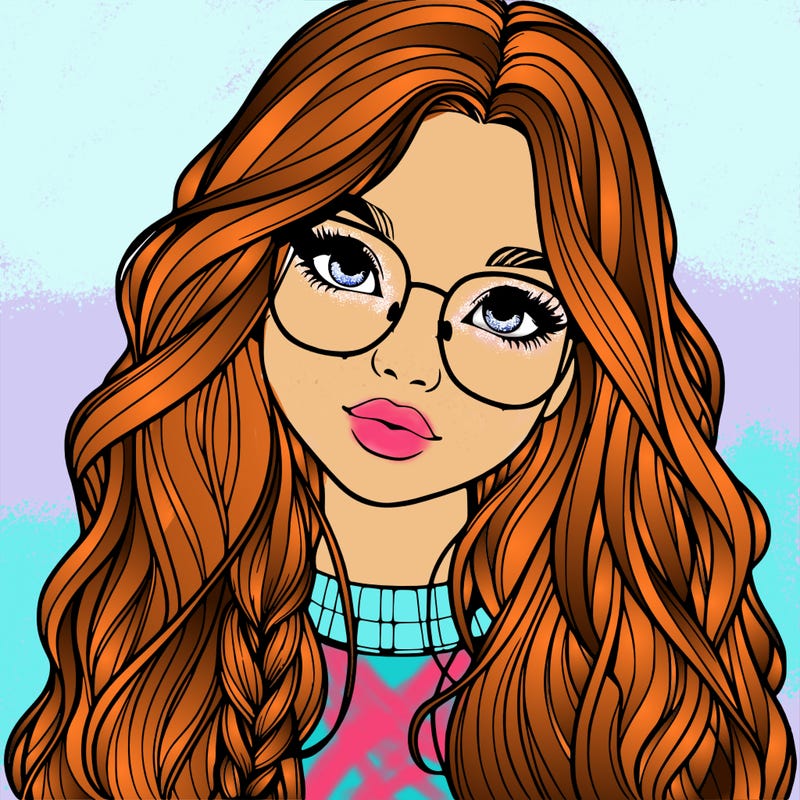 girl with long hair and freckles and glasses realistic
