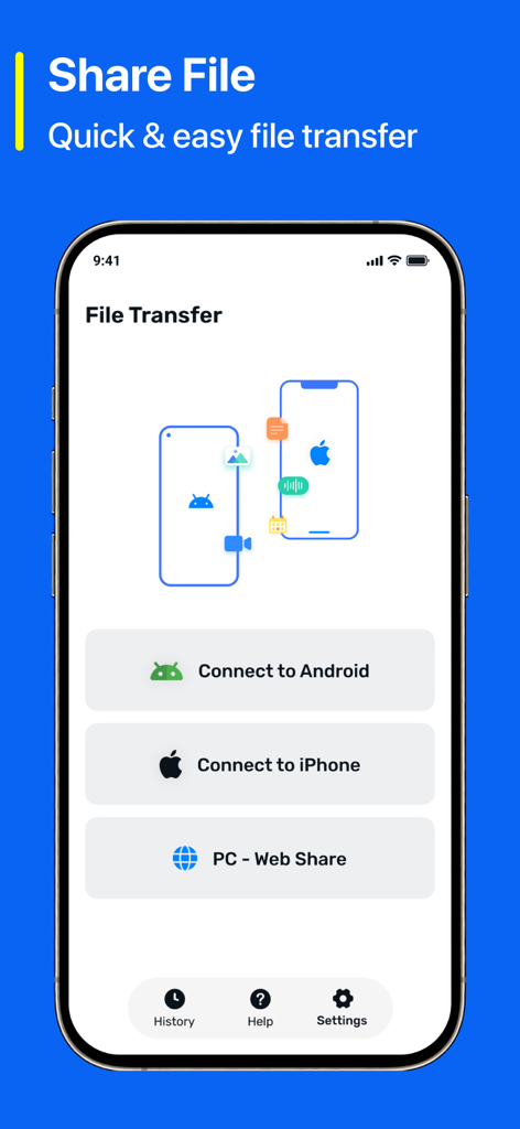 Interface do aplicativo Quick Share mostrando opções para transferir arquivos entre Android, iPhone e PC