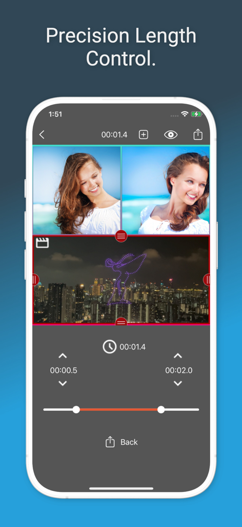 Video Collage Maker: Pic Mix - Mobile app interface showing precision video length control for a collage with photos and a city skyline video.