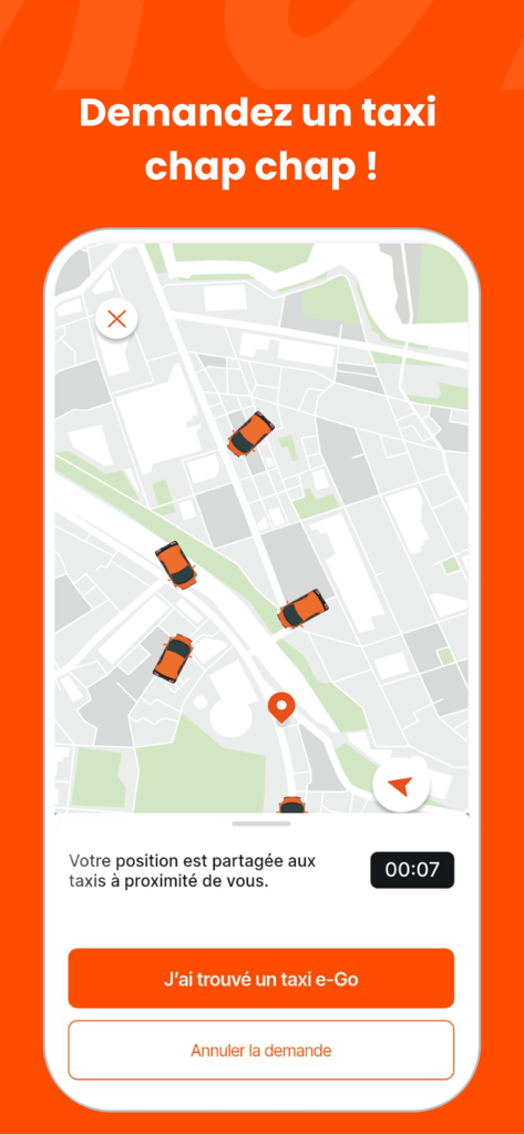 e-Go : Trouvez un Taxi - Interface do aplicativo móvel e-Go mostrando táxis próximos em um mapa para uma solicitação rápida de corrida