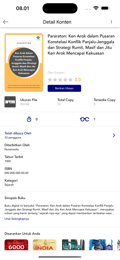 iPusnas - A mobile application screen displaying the description and metadata of an Indonesian ebook titled Pararaton on iPusnas