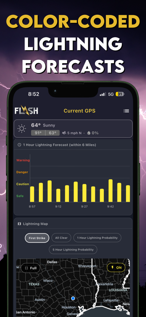 Flash Weather AI - Une interface mobile de Flash Weather AI affichant des prévisions de foudre codées par couleur et une carte des orages pour le Texas et la Louisiane.