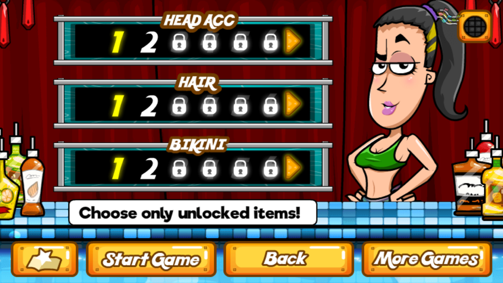 Bartender Perfect Mix - Pantalla de personalización de personajes en Bartender Perfect Mix mostrando opciones de accesorios para la cabeza, cabello y bikini