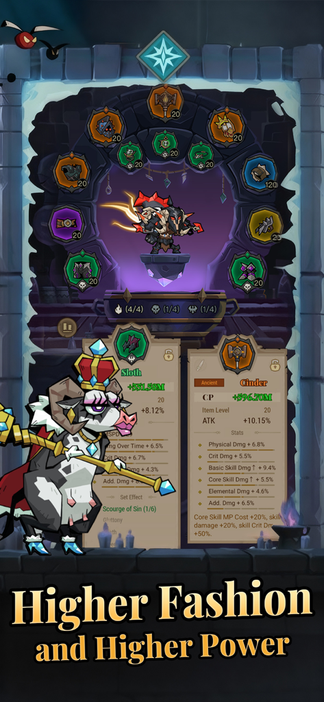 Character customization and equipment screen in Lootfiend Idle Dungeons showing powerful gear and a companion.