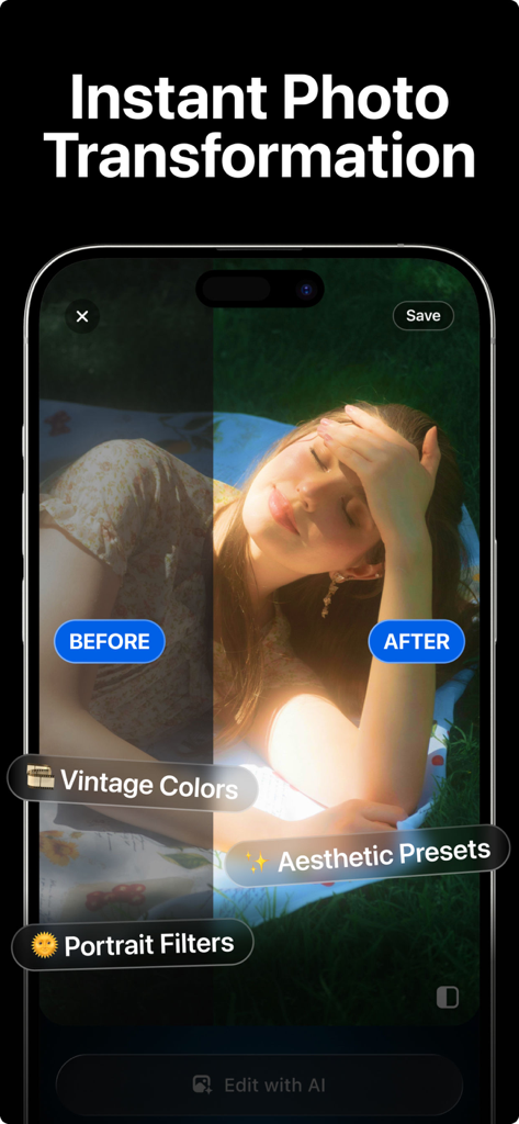 Before and after comparison of a portrait photo using Photo CamAI aesthetic presets and cinematic colors.