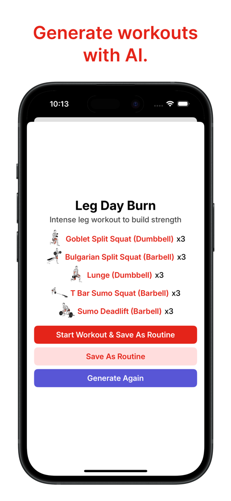 Flexer: Gym Workout Tracker - Captura de pantalla de la interfaz de la aplicación Flexer que muestra una rutina de entrenamiento generada por IA 'Leg Day Burn' con lista de ejercicios y botones de acción