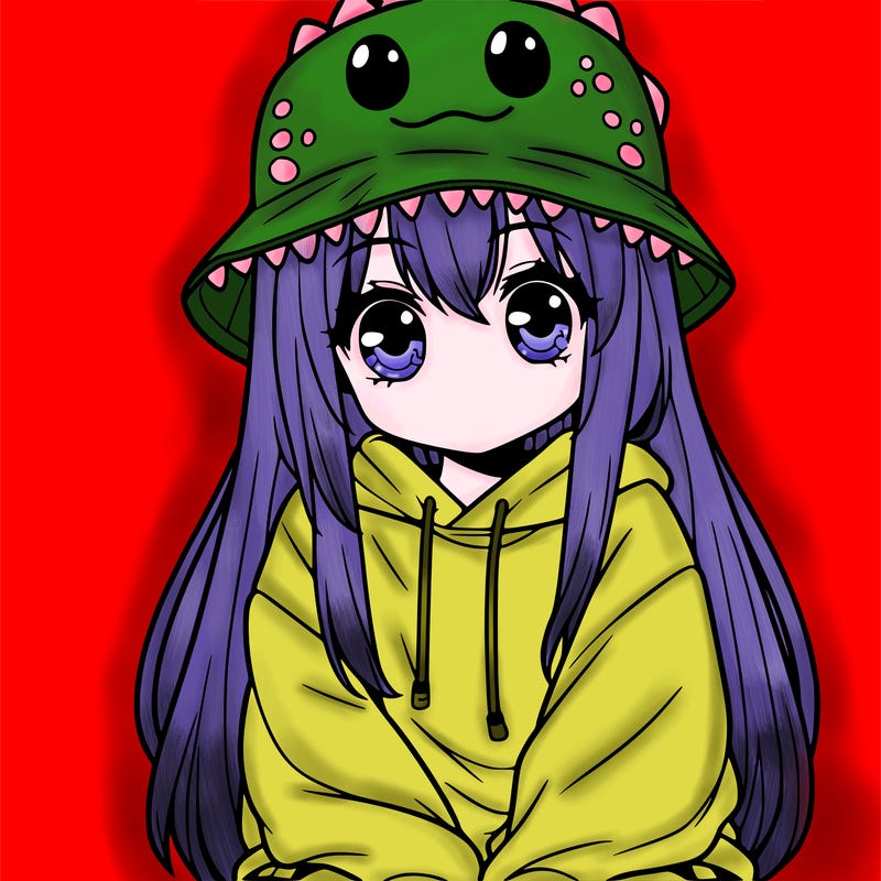 girl with anime shaped eyes with a dinosaur bucket hat oversized sweatshirt long straight hair