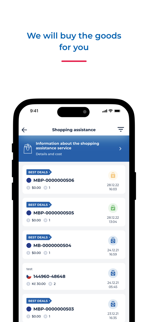 Meest Shopping app screen displaying the shopping assistance service with a list of tracked orders