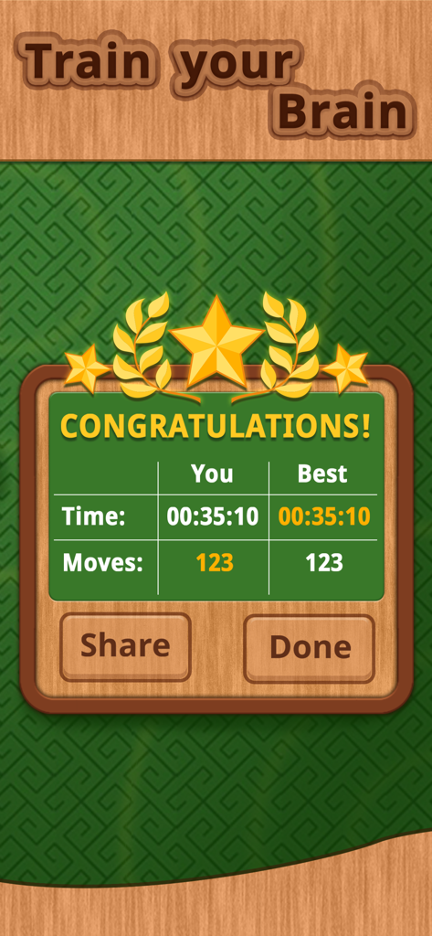 15 Puzzle Challenge. - Pantalla de felicitación de 15 Puzzle Challenge que muestra los resultados del juego por tiempo y movimientos con un titular de entrena tu cerebro