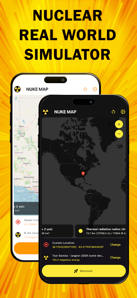 Interfaz de la aplicación Nuke Map que muestra la simulación de explosión nuclear en un mapa mundial con controles de detonación