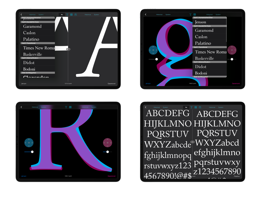 Typography Insight - iPad上でフォントオーバーレイと並べての比較を示すTypography Insightアプリのスクリーンショットのコラージュ