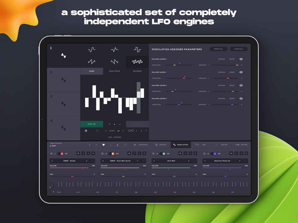 Soundbox - Instrument Platform - Interface of the Soundbox app showing independent LFO engines and modulation parameters on an iPad