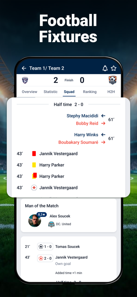 Football Live Score & Stats - Mobile app interface showing soccer match fixtures, live scores, player ratings, and detailed game event timeline.