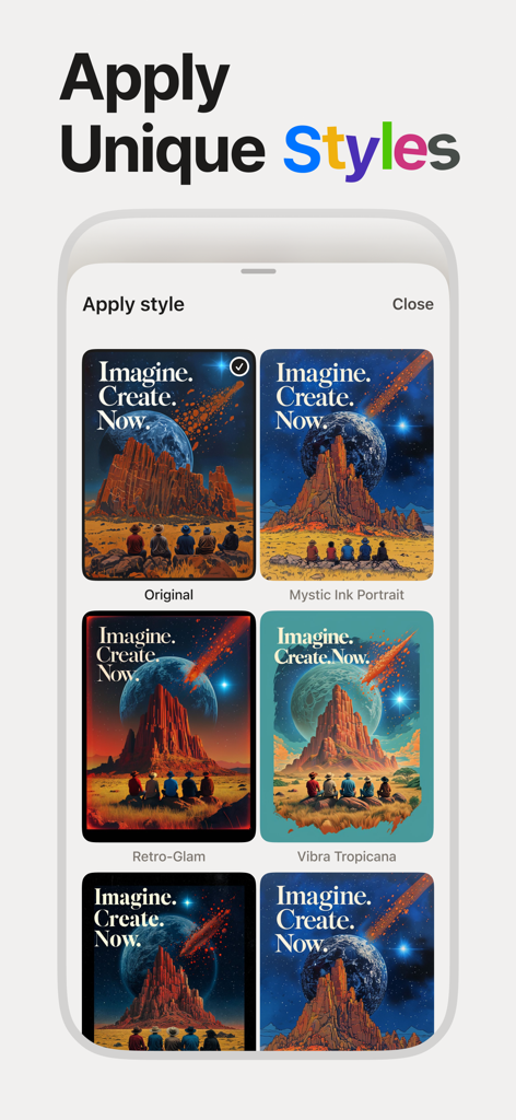 Playground: AI Design & Editor - Interface of the Playground AI app showing the Apply Unique Styles feature with different artistic filters for image editing