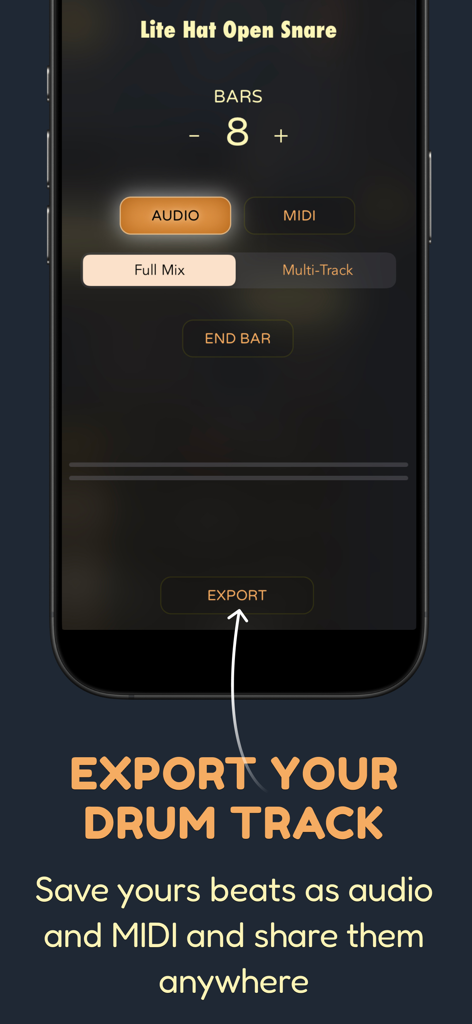 Pop Drummer -Real Drum Machine - Interface of the Pop Drummer app showing audio and MIDI export options for drum tracks