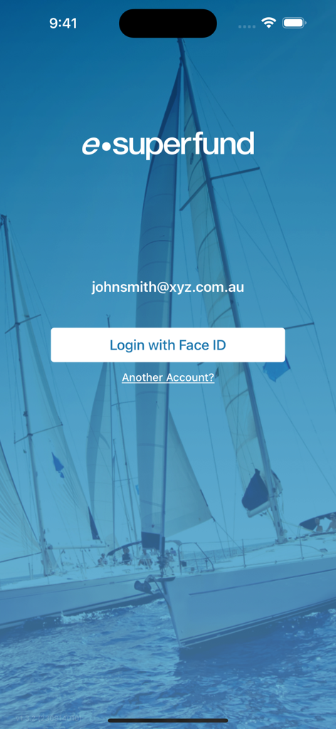 ESUPERFUND - ESUPERFUND app login screen featuring Face ID authentication option with a sailboat background image
