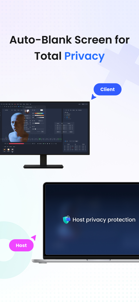 App desktop remoto StarDesk che mostra lo schermo oscurato automaticamente per una totale protezione della privacy.
