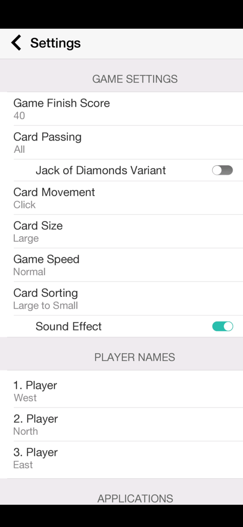 Settings screen for Hearts card game featuring options for card size, game speed, and player names.