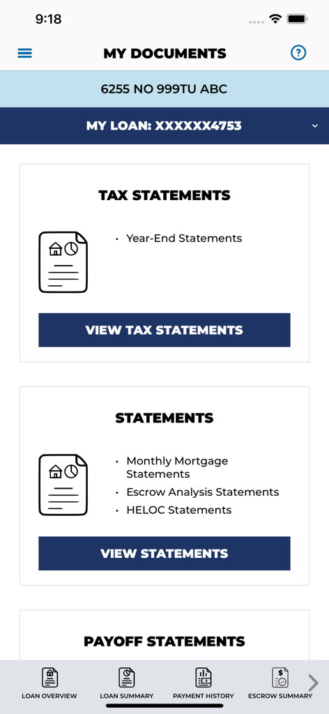 Carrington Mobile app interface showing the My Documents page with tax and monthly mortgage statements