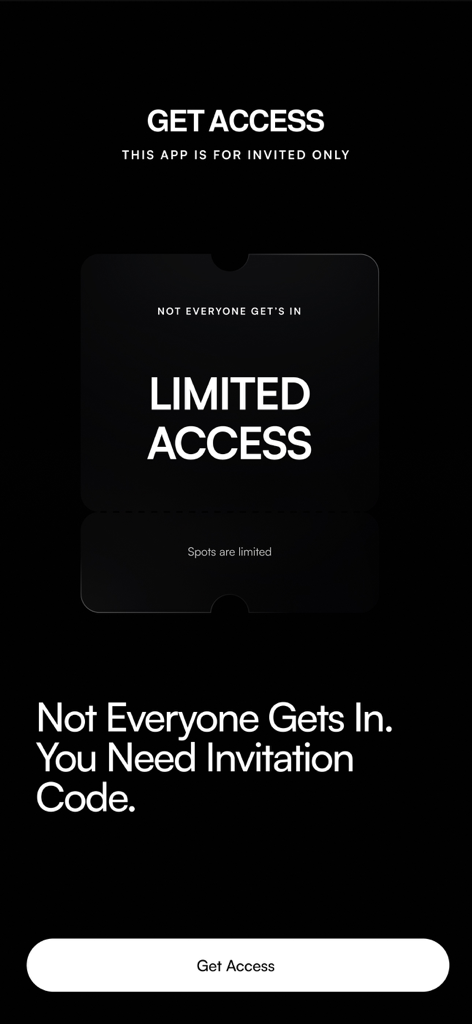 Invited Only app splash screen with limited access message and invitation code requirement