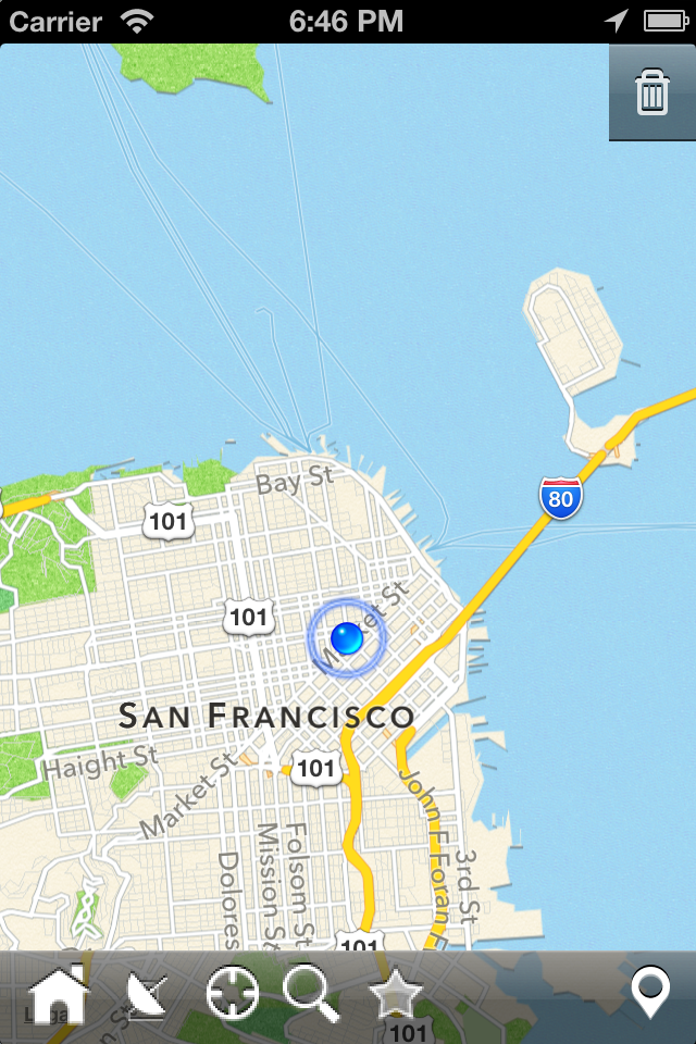 World Map Pro - World Map Pro interface showing a detailed street map of San Francisco with a blue GPS location marker on Market Street