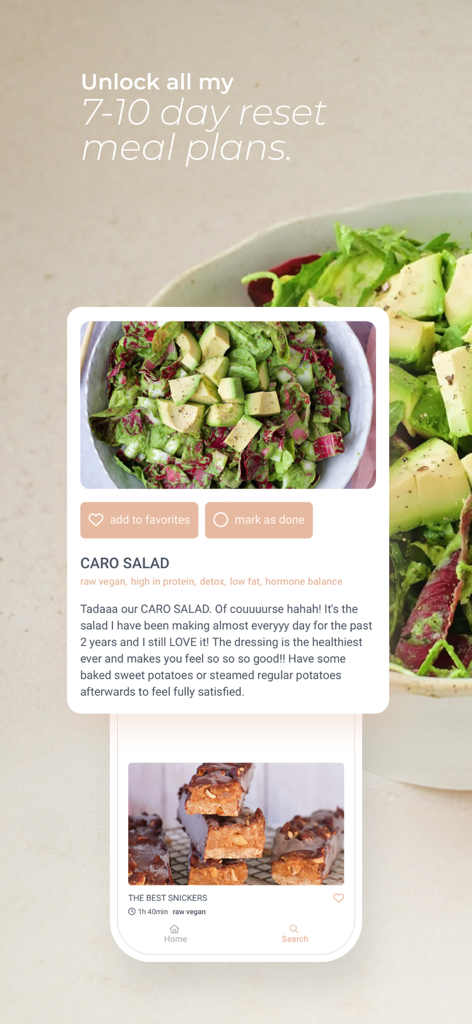 RESET By Caroline - A preview of the RESET By Caroline app featuring a raw vegan salad recipe and healthy meal plans.