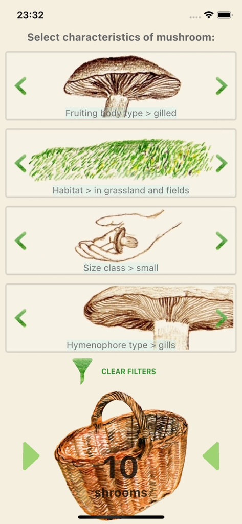 Mushrooms app - Mushrooms appの識別キーを表示するインターフェース、子実体タイプ、生息地、サイズでフィルターできます
