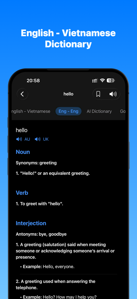 VN Screen Translate - VN Screen Translate app dictionary screen showing the definition of the word hello with synonyms and examples