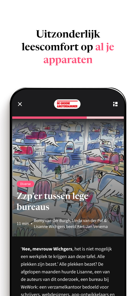 Blendle - Blendle app interface on a smartphone displaying a magazine article with an illustration and Dutch text