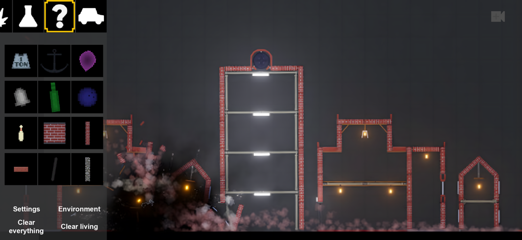 Una captura de pantalla de juego de sandbox de física que muestra edificios de ladrillo y efectos de explosión.