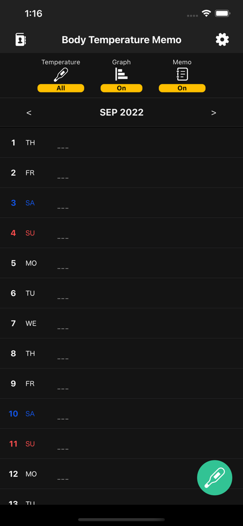Body Temperature Memo - A vertical calendar interface of the Body Temperature Memo app displaying days for September 2022 in dark mode with options for temperature graph and memos