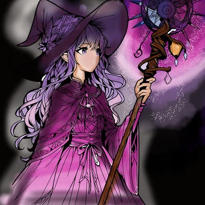 a realistic fantasy manga witch with a staff