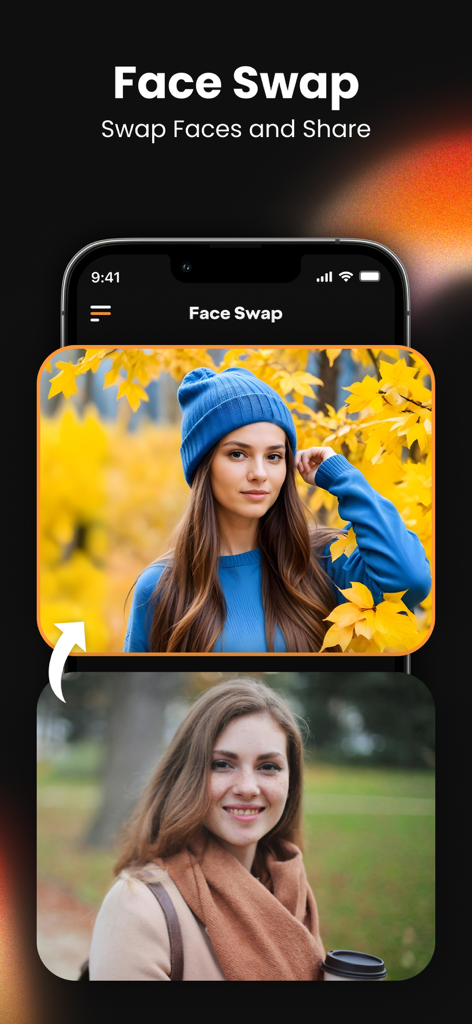 AI Logo Maker & Design Studio - Pantalla de smartphone mostrando una herramienta de intercambio de caras dentro de la aplicación de diseño