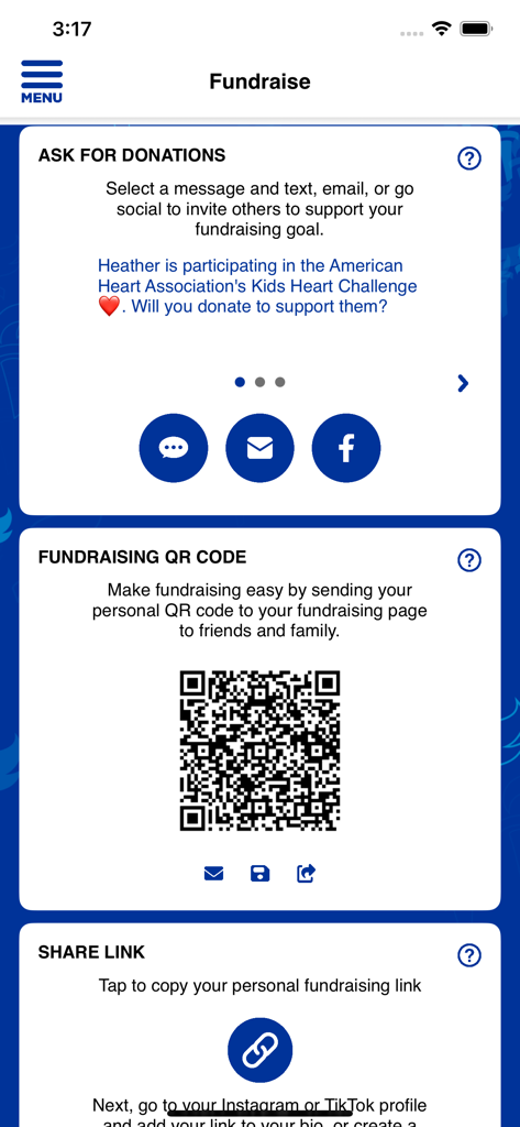 AHA Schools - AHA Schools app interface showing donation request options QR code for fundraising and share link features
